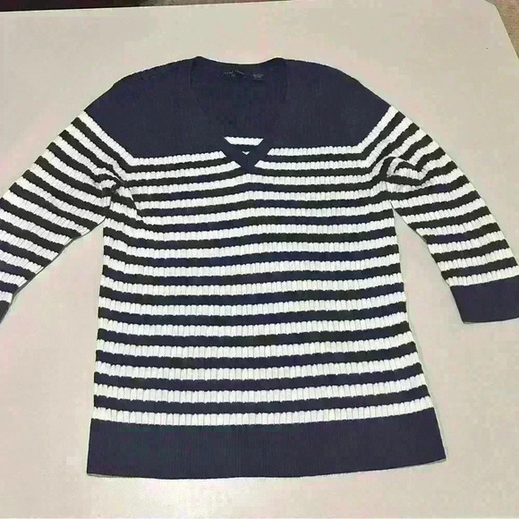 Jeanne Pierre Navy Striped V Neck Cotton Sweater Size XL - Picture 1 of 4